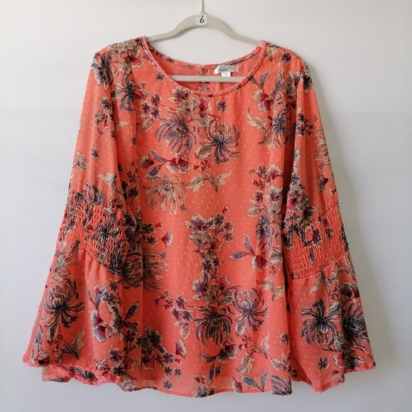 Studio Womens Peachy Pink Round Neck Bell Sleeve Floral Peasant Top Size 2X - Picture 1 of 7